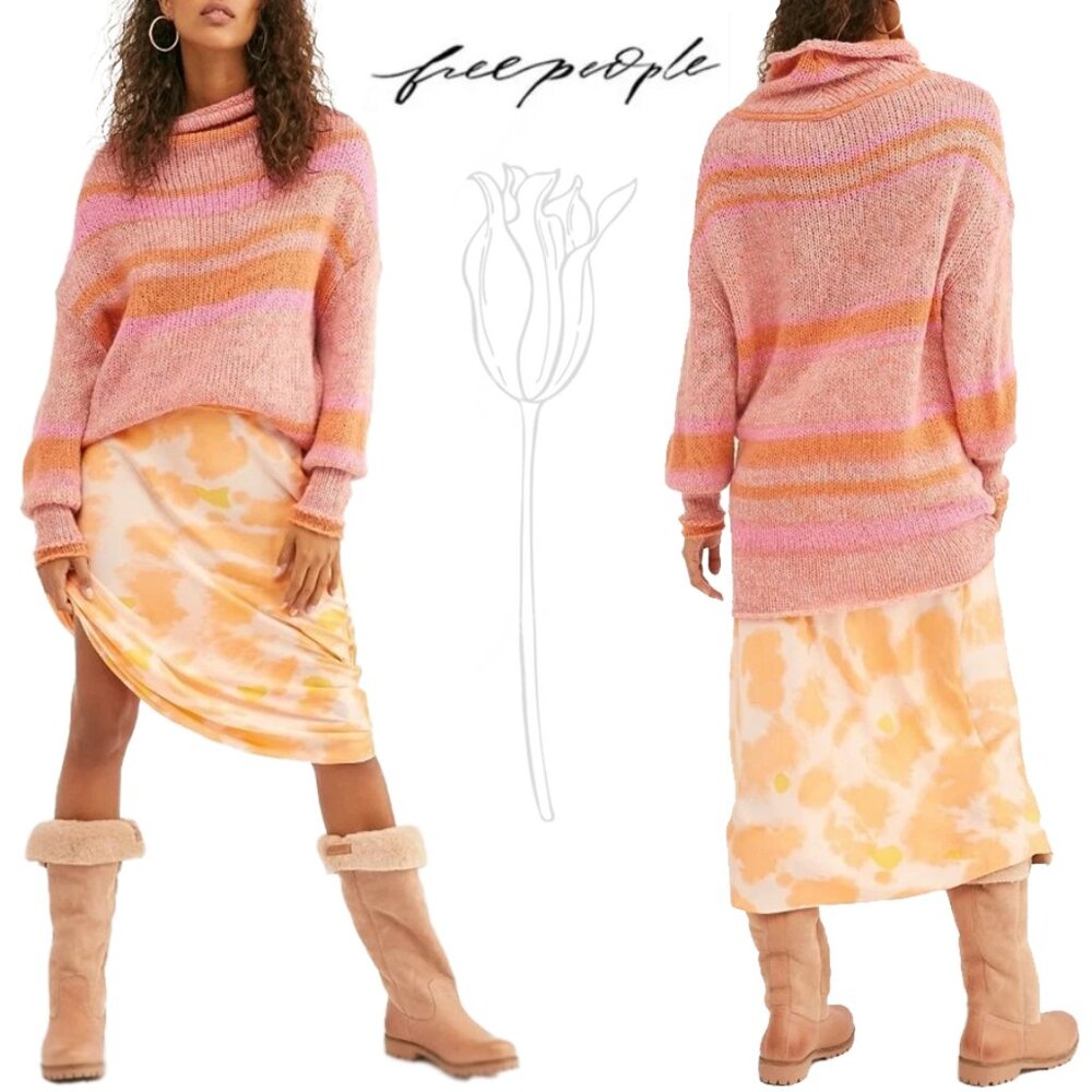 Free People Orange Candy Stripe Cowl Neck Sweater Tunic / Dress